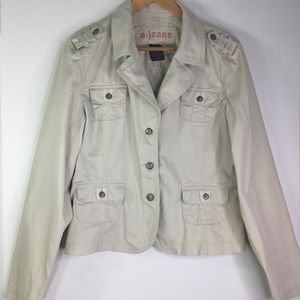 D Jeans Jacket Womens Size L Beige Shorter Length Cotton Long Sleeve Button Up